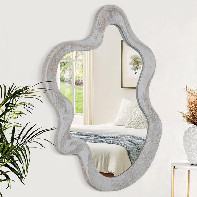 Irregular Wooden Framed Wall Mirror Modern Asymmetrical Unique Hanging