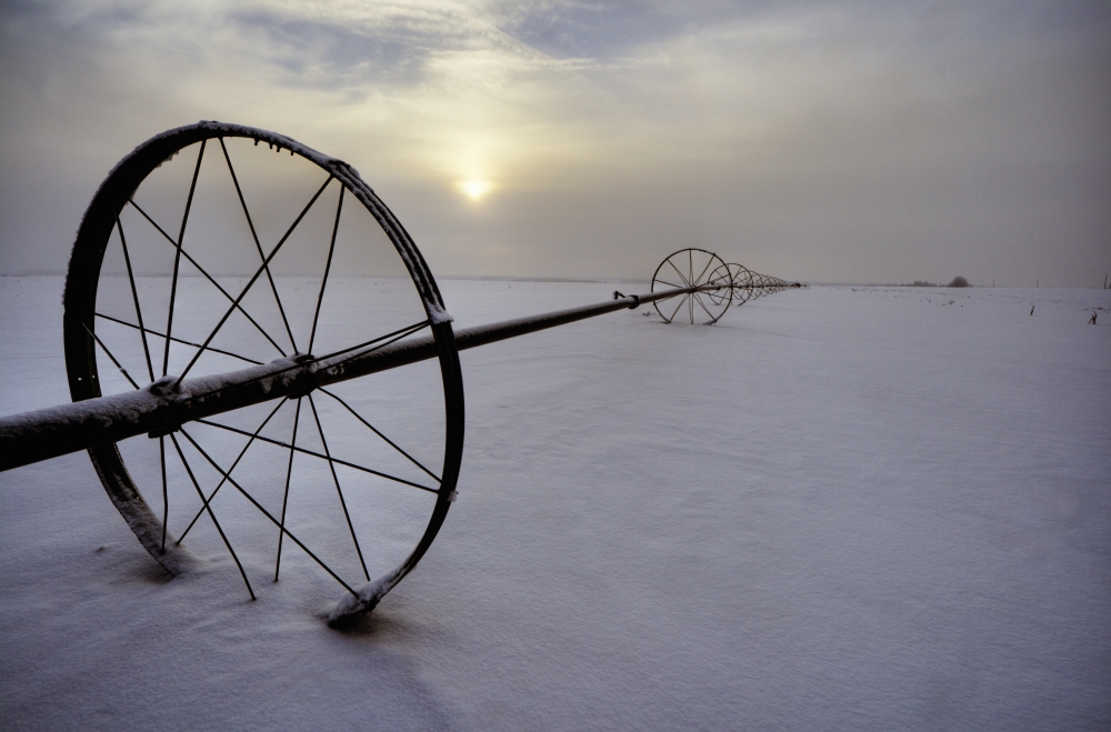 Irrigation Equipment Resting In The Snow Alberta Canvas Art - Dan Jurak Design Pics (34 x 22)