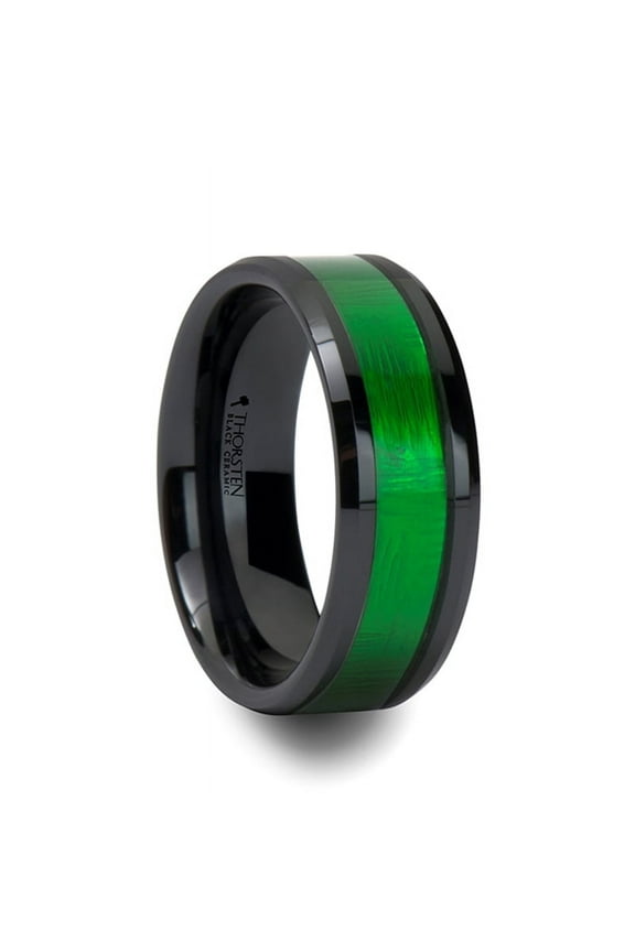 Irving Beveled Black Ceramic Ring With Textured Green Inlay