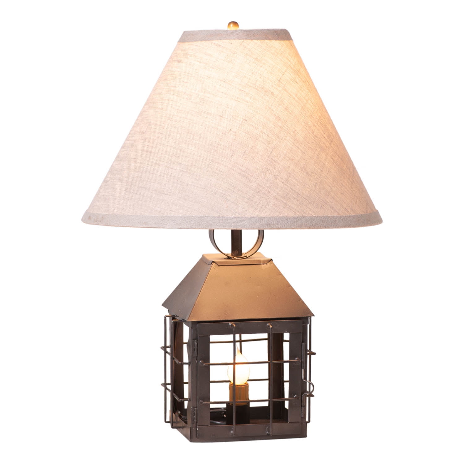 Colonial Black Metal Lantern Lamp with Ivory Linen Shade