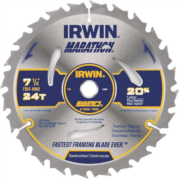 Irwin 24030 Circular Saw Blade, 7-1/4 in Dia, 5/8 in Arbor, 24-Teeth, Carbide Cutting Edge
