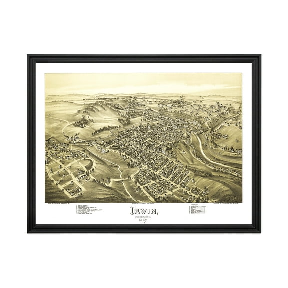 Irwin Art, 1897 Vintage Map of Irwin Pennsylvania, PA History Wall Decor Gift, Old Irwin Map - 24" x 18" Black Framed Print