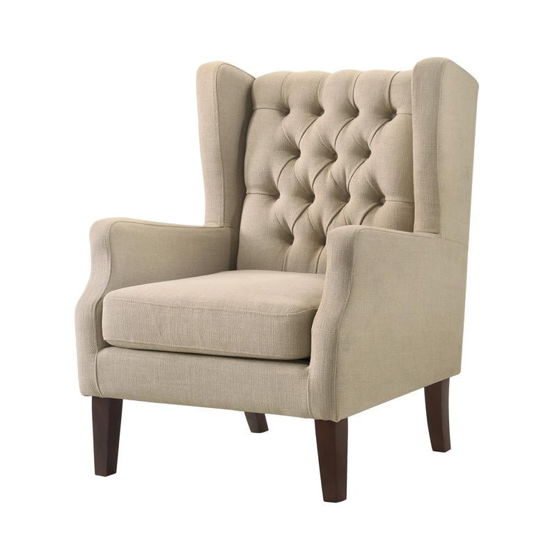 Beige Linen Wingback Accent Chair with Solid Wood Legs