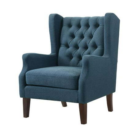 Irwin Blue Linen Fabric Button Tufted Wingback Chair with Espresso Legs