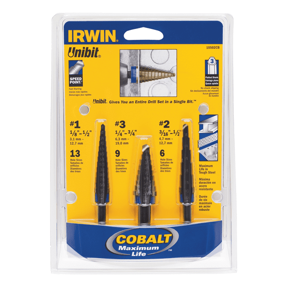 Irwin/Hanson 10502CB 3pc Cobalt Unibit Step Drill Set