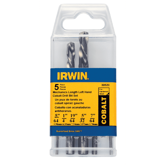 Irwin/Hanson 30520 Cobalt LeftHand Mechanics Length Steel Drill Bit 5pc Set
