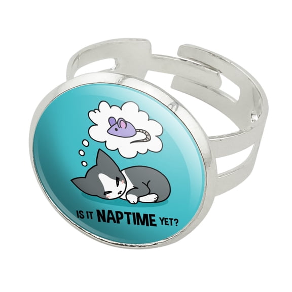 Is It Cat Naptime Yet? Dreaming Silver Plated Adjustable Novelty Ring