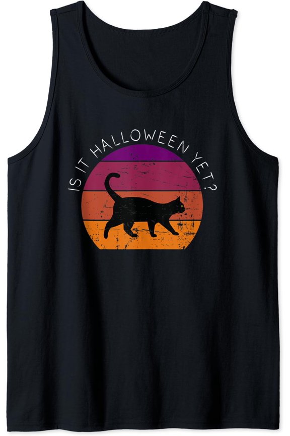 Is It Halloween Yet? Black Cat Retro Sunset Tank Top Size S-3XL