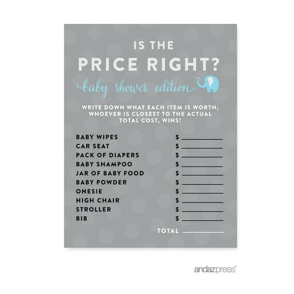 Is The Price Right? Gray Boy Elephant Baby Shower Games , 20-Pack