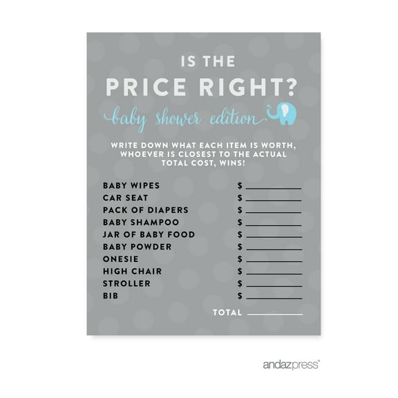 Is The Price Right? Gray Boy Elephant Baby Shower Games , 20-Pack