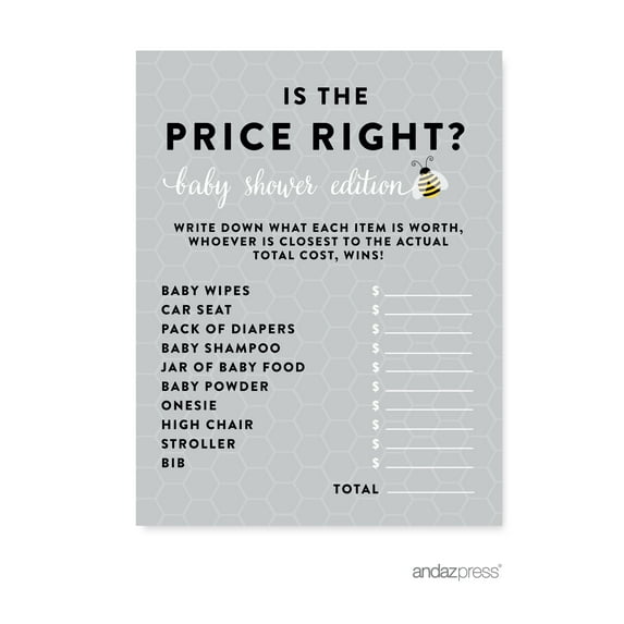 Is The Price Right? Mama to Bee Bumblebee Gender Neutral Baby Shower Games , 20-Pack