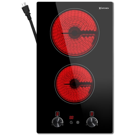 IsEasy 2 Burner Electric Cooktop 120V Plug In, Countertop & Built-in Ceramic Stove Top, Kitchen 12 inch Portable Infrared 2400W Double Burner Electric Stovetop with Outlet Plug, Child Safety
