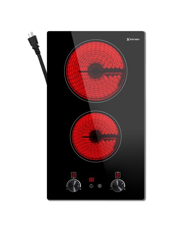 2 Burner Electric Cooktop 120V Plug In, Countertop & Built-in Ceramic Stove Top, Kitchen 12 inch Portable Infrared 2400W Double Burner Electric Stovetop with Outlet Plug, Child Safety