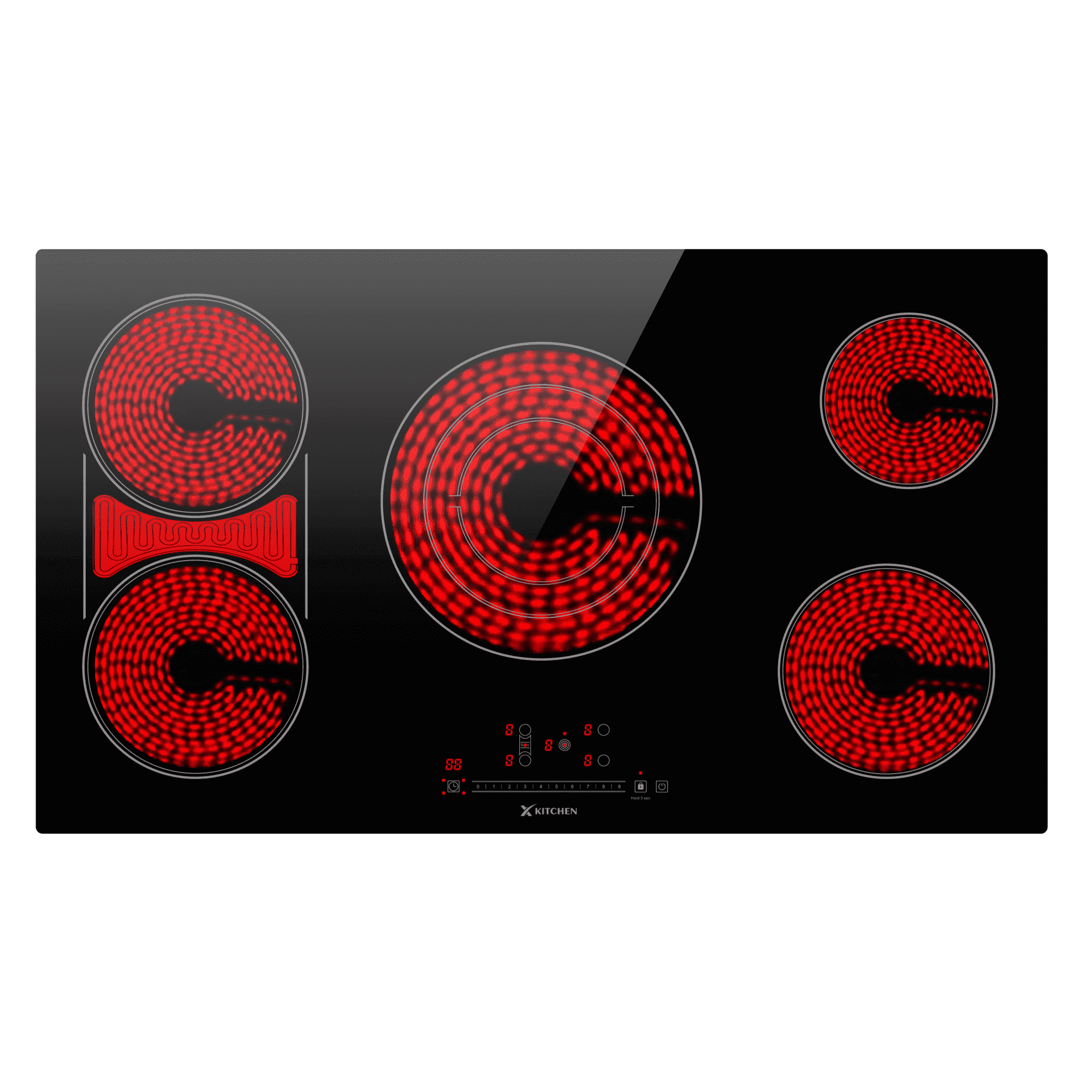 IsEasy Electric Cooktop 36 Inch Ceramic Stove - 5 Burners Built-in 220-240V Black Cooktop, Touch Control, Child Lock, 9 Power Levels, Timer (9200W)