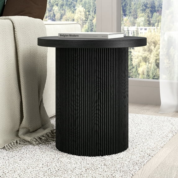 Isa 22" Wide Round Fluted Side Table in Black Grain