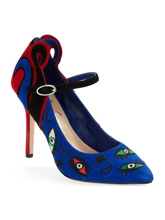 Barcelona Women's Embroidered Suede Mary Jane Pumps, Eyes/Blue Suede, EU Size 37.5
