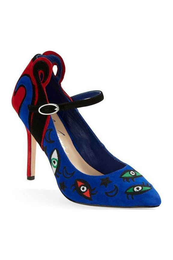 Barcelona Embroidered Suede Mary Jane Closed Pointed-Toe Heels Pump - Eyes/Blue Suede, Size 37.5