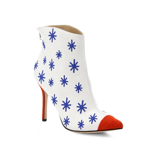 Isa Tapia Madrid Embroidered Leather Pointed Toe Ankle Booties, Stiletto Heel, White, EU Size 39.5