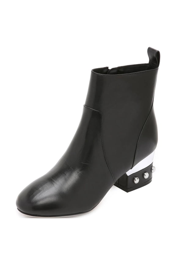 Women 2" Low Block Heel Ankle Calf Leather Black Zip Boots Shoes, Size 36.5
