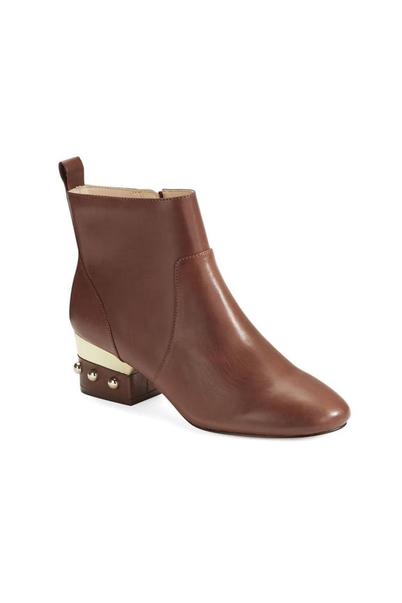 Women 2" Low Block Heel Ankle Calf Leather Brown Zip Boots Shoes, Size 39.5