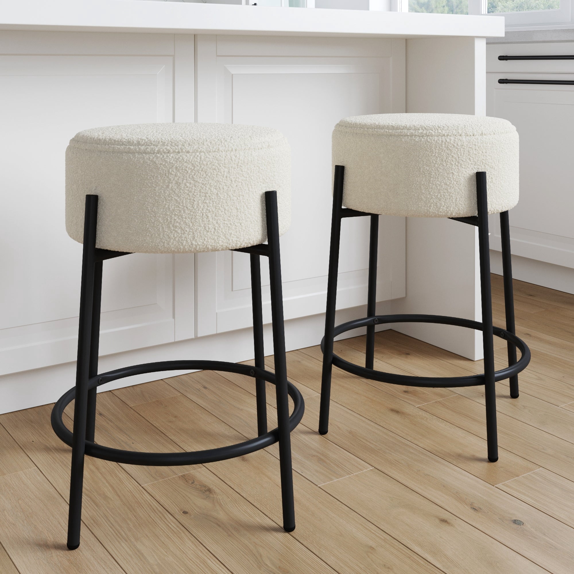 Isaac 24" Modern Backless Bar Stool with Round Soft Padded Boucle Seat and Metal Mid-Century Base, Boucle White/Black, Set of 2