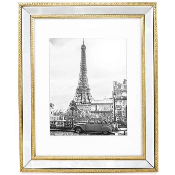 Isaac Jacobs 11x14 Matted 8x10 Gold Mirror Bead Picture Frame - Classic Mirrored Frame with Dotted Border Made for Wall Display