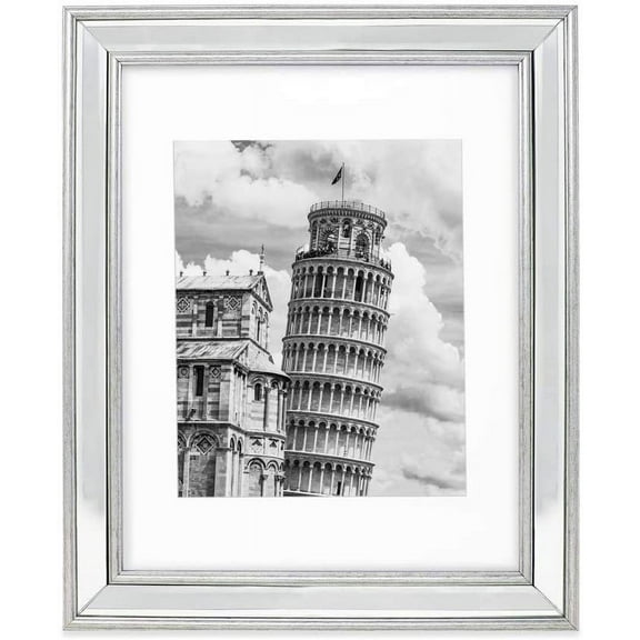 Isaac Jacobs 11x14 Silver Beveled Mirror Picture Frame w/Mat for 8x10- Classic Mirrored Frame w/Slight Slanted Angle for Wall Décor Display