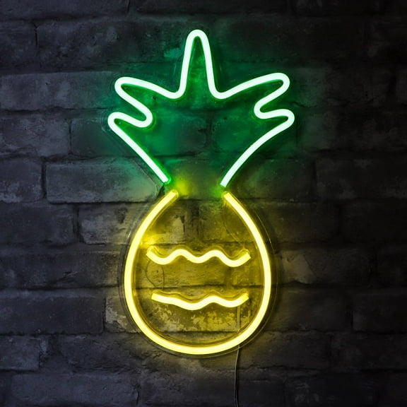 Isaac Jacobs 17” x 10” LED Neon ‘Yellow & Green Pineapple’ Wall Sign, Powered by USB Wire