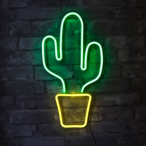 Isaac Jacobs 19” x 10” LED Neon Green Cactus with Yellow Planter Wall Sign, Powered by USB Wire