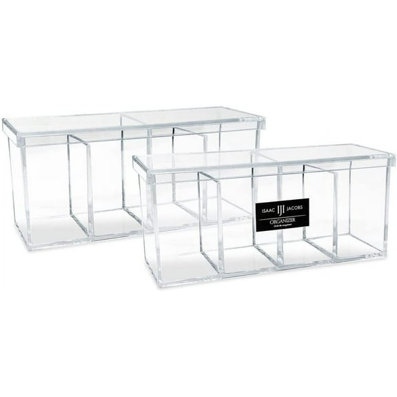 Isaac Jacobs 2-Pack 4-Compartment Clear Acrylic Organizers with Lid 9 L x 3 W x 4 H, Makeup Brush Holder, Sectional Tray, Storage Solution, Clear