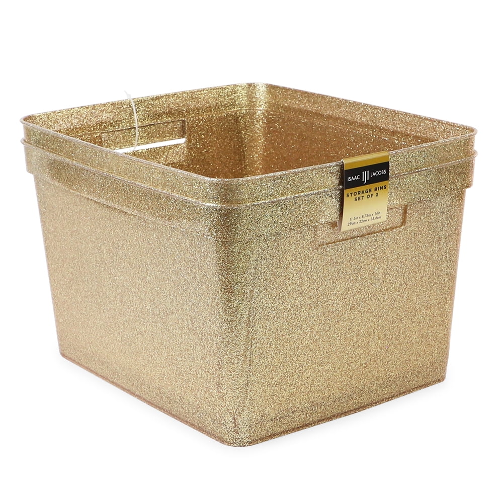 Isaac Jacobs 2Pack Large Gold Glitter Storage Bin Set with CutOut
