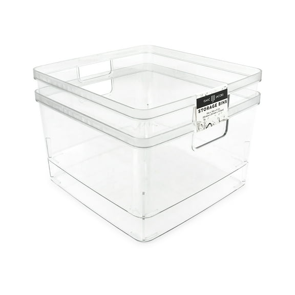 Isaac Jacobs 2-Pack Square Clear Plastic Storage Bins with Cutout Handles, Food Safe/BPA Free