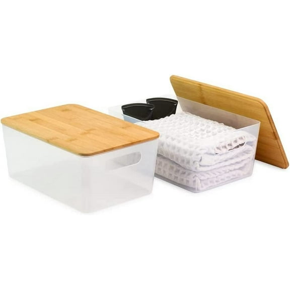 Isaac Jacobs 2-Pack Storage Bin Set w/ Cut-Out Handles and Bamboo Lid, Plastic Organizers for Home, BPA Free, Food Safe Medium, Clear