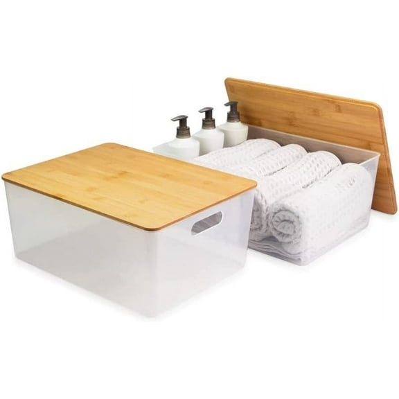 Isaac Jacobs 2-Pack XL Clear Storage Bin Set W/ Cut-Out Handles and Bamboo Lid, Plastic Organizers for Home, Pantry, Kitchen, Closet, Office, Home Décor, BPA Free, Food Safe Extra-Large, Clear