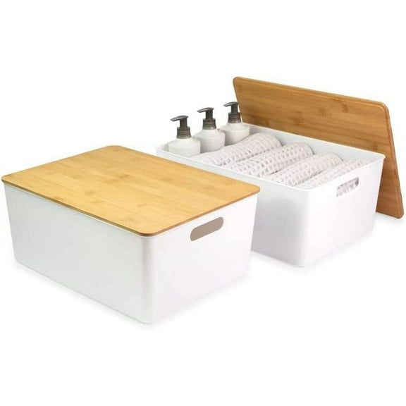 Isaac Jacobs 2-Pack XL White Storage Bin Set w/ Cut-Out Handles and Bamboo Lid, Plastic Organizers for Home, Pantry, Kitchen, Closet, BPA Free, Food Safe