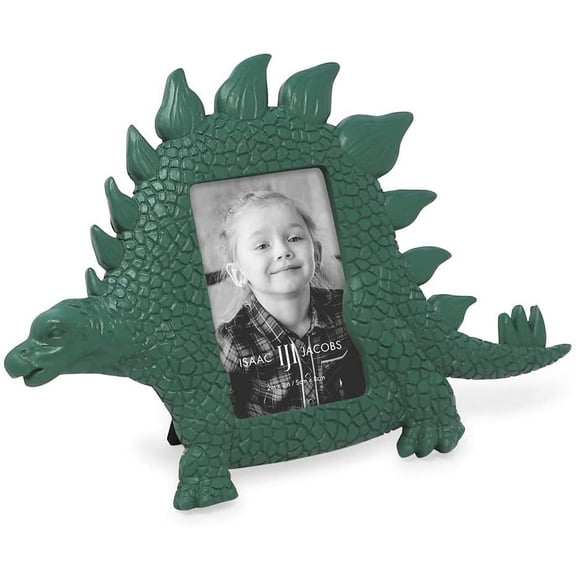 Isaac Jacobs 2 x 3 Resin Dinosaur Picture Frame, Vertical Keepsake Photo Frame with Easel and Hanging Tabs for Tabletop, Desktop & Wall Display Stegosaurus, Green