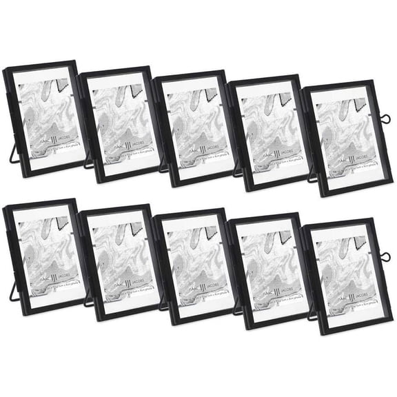 Isaac Jacobs 2x3 10-Pack, Black Modern Style Brass and Glass, Pressed Glass, Metal Floating Desk Photo Frame Vertical, with Locket Closure