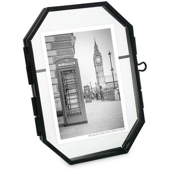 Isaac Jacobs 3.5x5 Vintage Style Octagon Brass & Glass, Metal Floating Picture Frame with Locket Closure Vertical, Tabletop Display, Fits up to a Cutout 3.5 x 5 - See Image