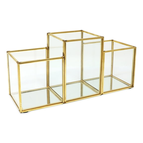 Isaac Jacobs 3-Compartment Vintage Style Brass and Glass Organizer with Mirror Base