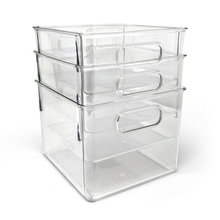 Isaac Jacobs 3-Pack Medium Clear Plastic Organizer Bins w/Handles, Food Safe, BPA Free