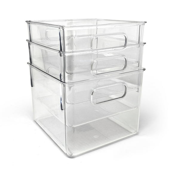 Isaac Jacobs 3-Pack Medium Clear Plastic Organizer Bins w/Handles, Food Safe, BPA Free