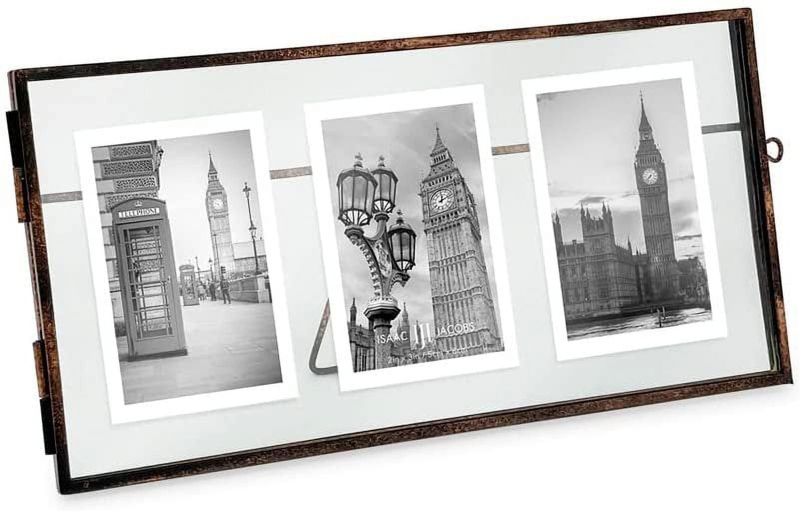Isaac Jacobs 3-Photo Vintage Style Glass and Metal Floating Picture Frame Horizontal w/ Locket Closure; For Photos, Art, & More, Tabletop Display Three-2x3, Antique Bronze