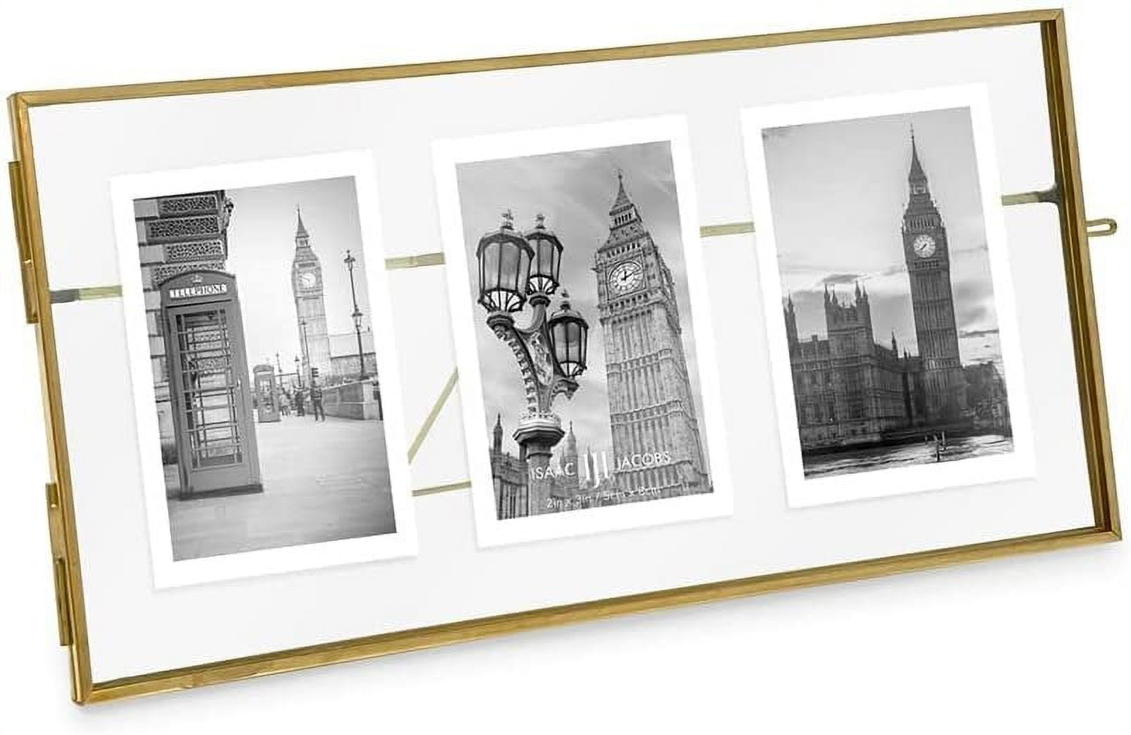 Isaac Jacobs 3-Photo Vintage Style Glass and Metal Floating Picture Frame Horizontal w/ Locket Closure; Fits 3 2x3 photos