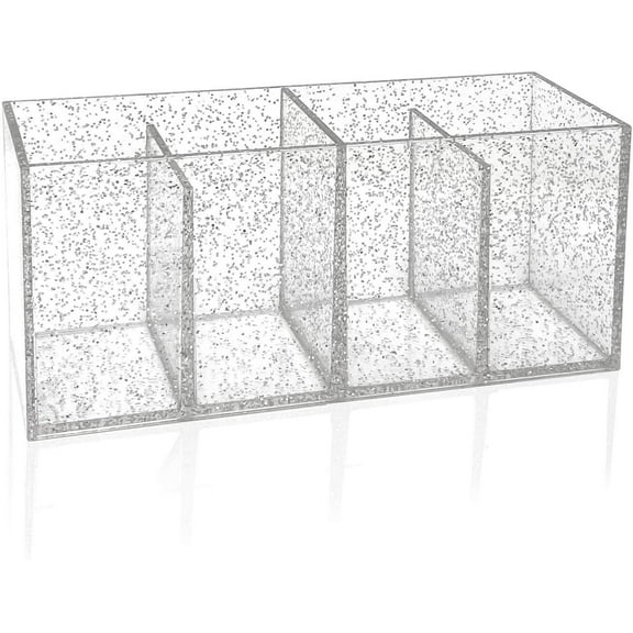 Isaac Jacobs 4-Compartment Clear Acrylic Organizer- Makeup Brush Holder- Storage Solution- Office, Bathroom, Kitchen Supplies and More Silver Glitter
