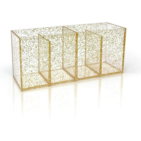 Isaac Jacobs 4-Compartment Gold Glitter Acrylic Organizer, Storage Solution for Home/Office