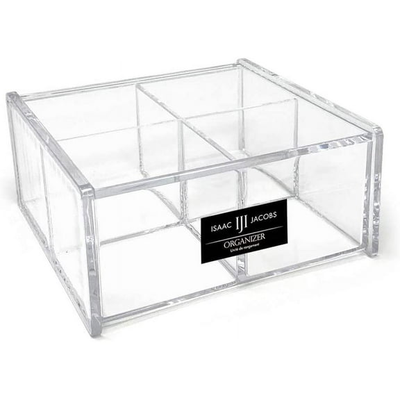 Isaac Jacobs 4-Compartment Square Clear Acrylic Organizer with Lid 5.75" L x 5.75" W x 2.75" H, Multi-Sectional Tray, Stackable, Storage Solution