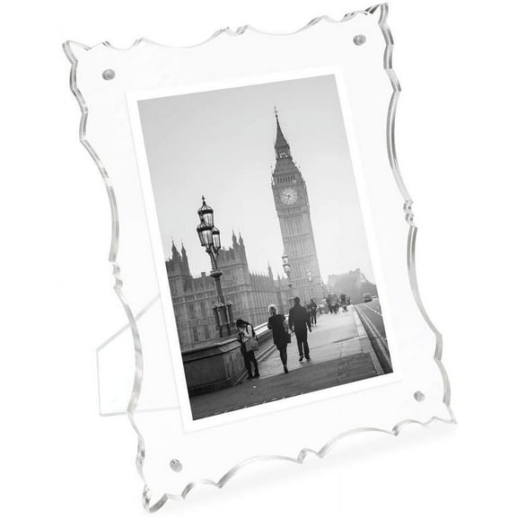 Isaac Jacobs 4 x 6 Clear Elegant Acrylic Picture Frame with Vintage-Inspired Cutout Border, Magnetic Photo Frame, Made for Tabletop Display with Two-Way Easel