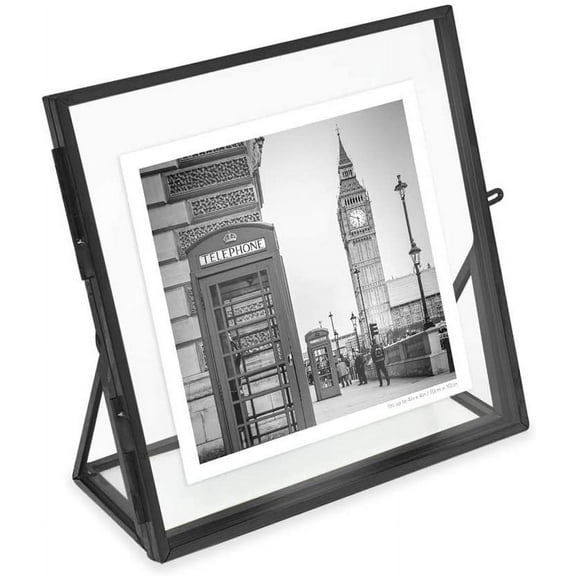 Isaac Jacobs 4x4, Black, Vintage Style Brass and Glass, Floating Photo Frame, Metal, with Locket Closure and Angled Base