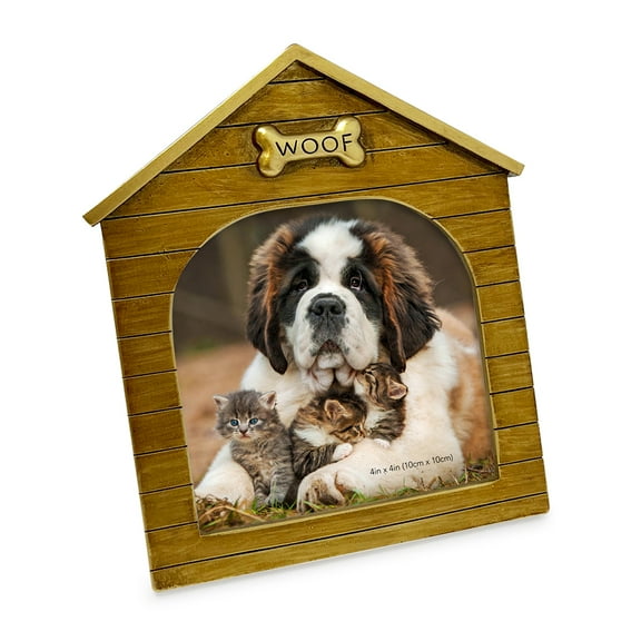 Isaac Jacobs 4x4 Gold Resin Sentiments "Woof" Doghouse Frame, Vertical Keepsake Photo Frame with Easel and Hanging Tabs for Tabletop, Desktop & Wall Display (4x4, Gold)