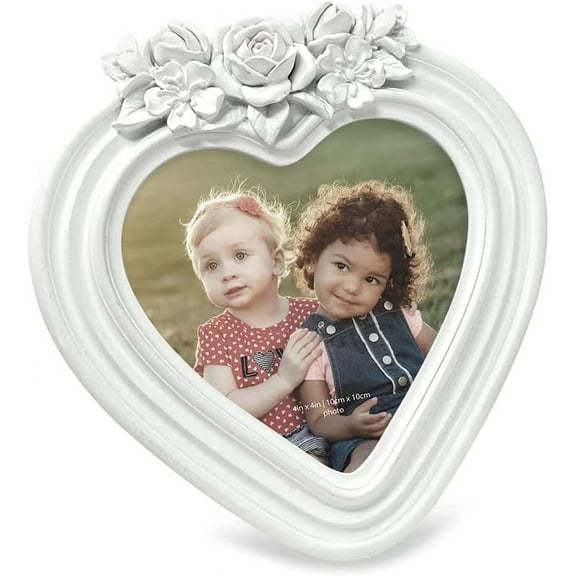 Isaac Jacobs 4x4 Heart-Shaped Resin Picture Frame with Rose Design, Decorative Photo Frame, Tabletop & Wall Display, Hanging Display & Home Dcor White